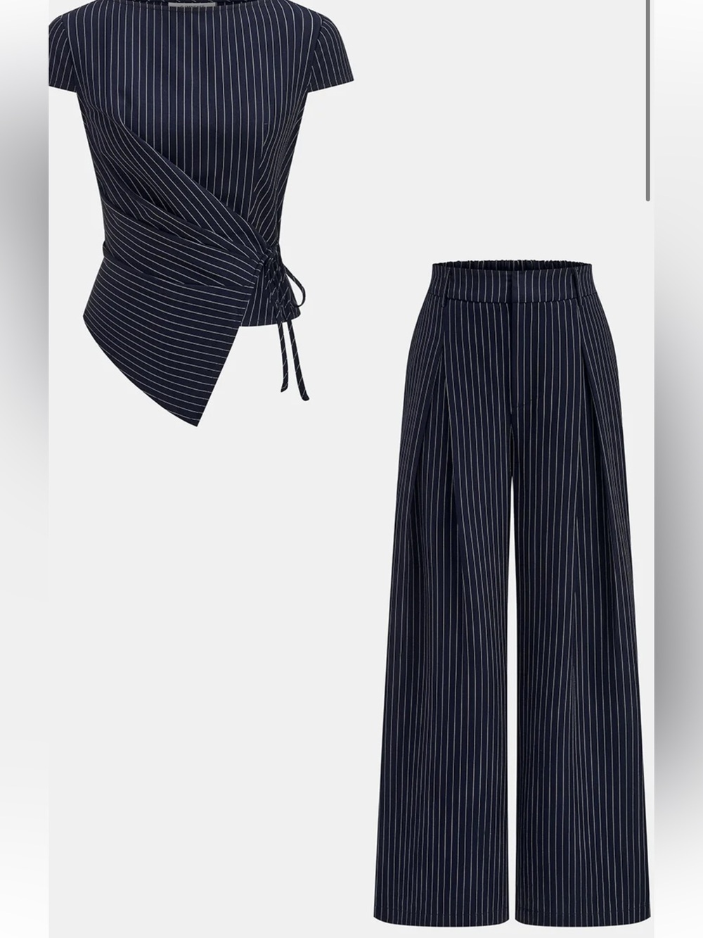 Commense Pinstripe Wrap Tie Top & Wide-Leg Pants Set